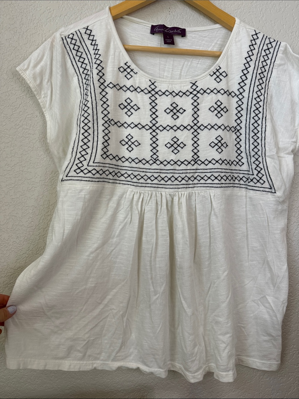 Gloria Vanderbilt Peasant Tunic Top Embroidered Blue White size Womens Large - Picture 7 of 11